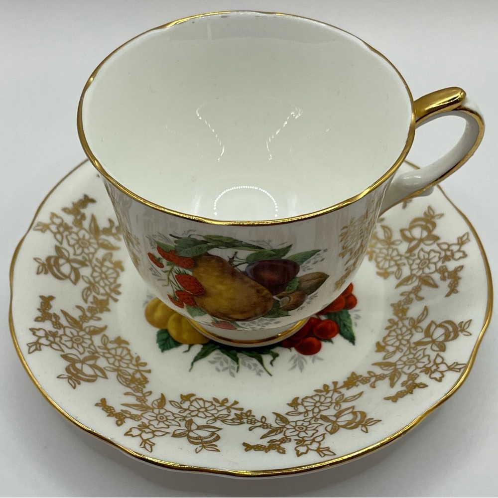 Duchess Bone China England Fruit Tea Cup And Saucer Gold Trims Flowers Pear